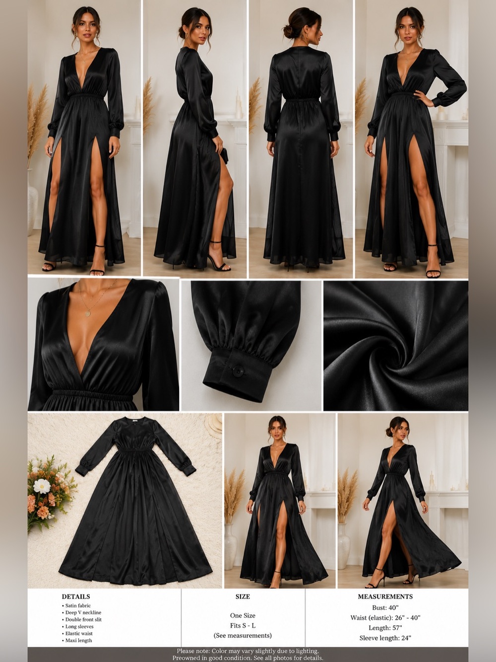Black Long Sleeve Double Slit Sheer Maxi Dress V-Neck
